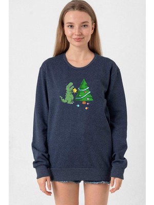 Tshirthane Dinosaur Christmas Tree İndigo Kadın 2ip Sweatshirt