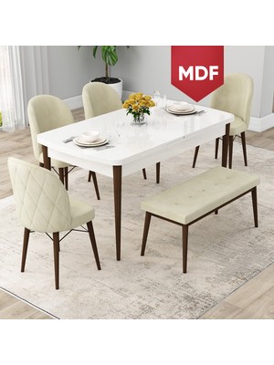 Canisa Concept Rut Serisi MDF Açılabilir 80X132 Beyaz Masa Ceviz Ayak Mutfak Masası Takımı 4 Sandalye 1 Bench