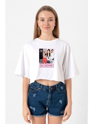 Black Pink Band Beyaz Kadın Crop Tshirt