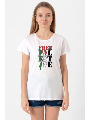 Free Palestine Beyaz Kadın Bisikletyaka Tshirt