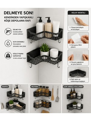 Yapışkanlı Banyo Köşeliği Rafı 2’li Banyo Düzenleyici Duvar Duş Rafı Banyo Köşe Şampuanlık Siyah