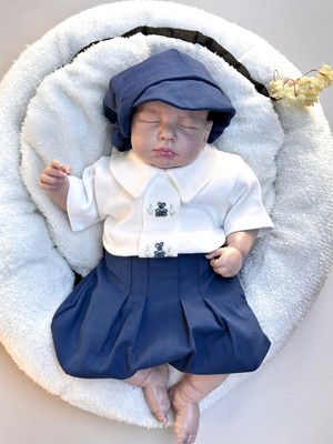 Mama Miel Baby Lacivert Şort ve El Işi Ayıcıklı Çıtçıtlı Body Kasket Erkek Bebek Takım