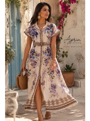 Asprin Fashion Kadın Dijital Baskılı Keten Görünümlü Kemerli Uzun Elbise