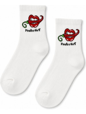 Carnaval Socks You Are Hot Acı Biber Desenli Beyaz Yarım Konç Kısa Çorap