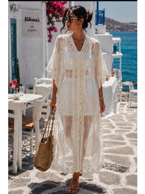 Asprin Fashion Kadın Ithal Dantel Pareo Kimono Plaj Elbisesi Ekru Bohem Yazlık Kaftan