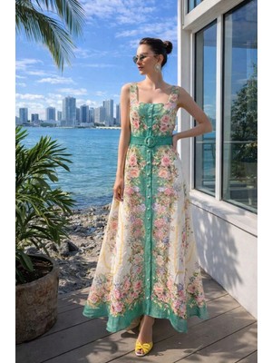 Asprin Fashion Kadın Maxi Elbise Çiçek Desenli Keten Görünümlü Askılı Kemerli Yazlık Günlük Elbise Mint Yeşili