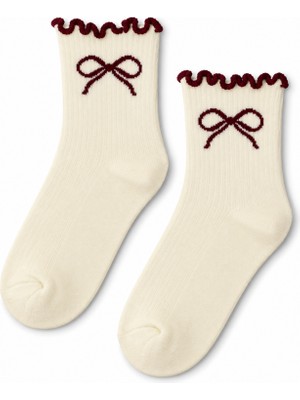 Carnaval Socks Kurdele Desenli Ekru Fırfırlı Yarım Konç Kısa Çorap