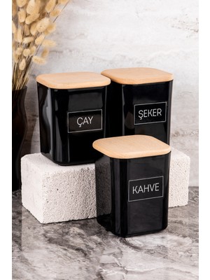 Dolkin Home 3lü 900ML Siyah Akrilik Çay Şeker Kahve Etiketli Saklama Kabı Ahşap Vakum Kapaklı Saklama Kutusu Set