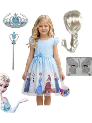 Bemora Kids Elsa Anna Frozen Elbise Mavi Elbise Elsa Anna Baskılı Elbise + Elsa Peruk Saç + Taç Asa Doğum Günü Parti Düğün Davet Bayram Elbise Kostüm