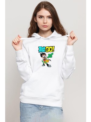 Tshirthane Teen Titans Go Robin Beyaz Kadın 3ip Kapşonlu Sweatshirt