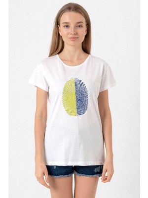 Sarı Lacivert Parmak Izi Beyaz Kadın Bisikletyaka Tshirt