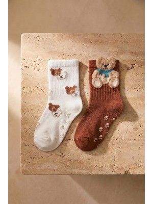 Bebek 2 Li Paket Teddy Baskılı Soket Çorap Ekru-Koyu Kahverengi