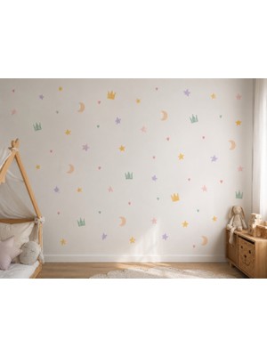 Kargo Poşetim Pastel Ay Yıldız Taç Duvar Stickerları – Bebek Odası Duvar Dekoru