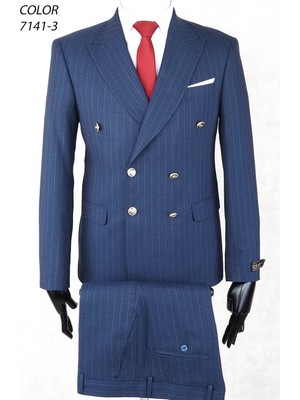 Jan Carlucci Kruvaze Metal Düğme Geniş Sivri Yaka Slim Fit Çift Yırtmaç Açık Lacivert Drop 6 Takım Elbise