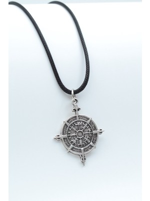 Alooya Viking Vegvisir Pusula  Gümüş Kaplama Deri İp Kolye