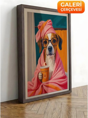 Zestia Kahverengi Çerçeveli Kanvas Tablo Spa Sabahı Havlulu Köpek Premium Seri No 109747