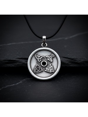 Alooya Vegvisir Pusula - Viking Sembol Gümüş Kaplama Deri İp Kolye
