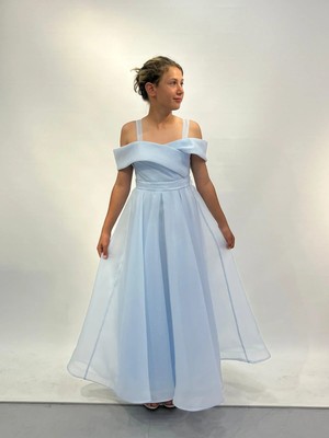 Butik Happy Kids Kız Çocuk Uzun Mavi Askılı Şifon Abiye Elbise 9-15 Yaş