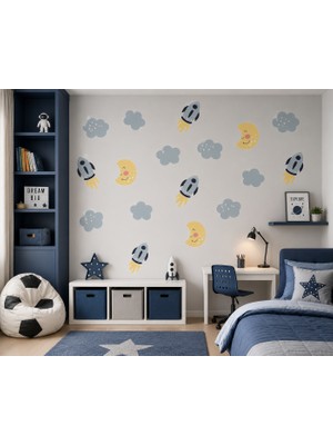 Kargo Poşetim Uzay Temalı Duvar Stickerları – Roket, Bulut ve Ay Figürlü Set