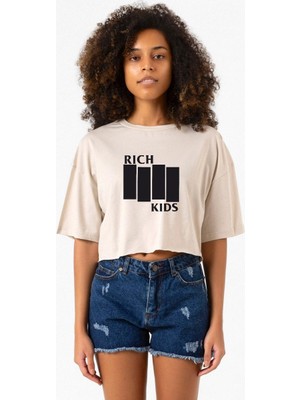 Tshirthane G-Dragon Rich Kids Bej Kadın Crop Tshirt