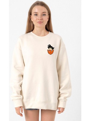 Tshirthane Dragon Ball Z Anime Son Goku Pocket Ekru Kadın 2ip Sweatshirt