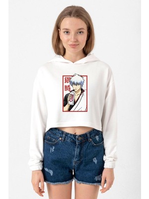 Tshirthane Gintama Anime Gintoki Fruit Juice Ekru Kadın Crop Kapşonlu