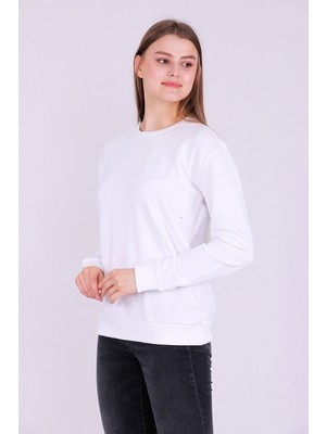 Tshirthane Beyaz Basic Kadın 2 iplik Sweatshirt
