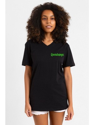 Goosebumps Lettern Siyah Kadın V Yaka Tshirt