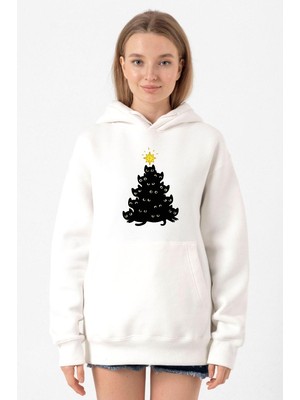 Tshirthane Meowy Christmas Beyaz Kadın 3ip Kapşonlu Sweatshirt