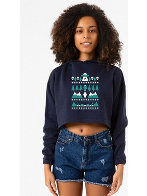 Tshirthane Paranormal Christmas Lacivert Kadın Crop Kapşonlu