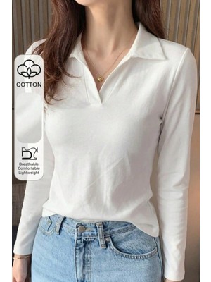 Tarz Cool Kadın Polo Yaka Uzun Kollu Basic Tişört %100 Pamuk Süprem Kumaş Slim Fit