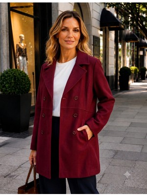 Perla Blanca Bordo Kruvaze Geniş Kesim Oversize Düğme Kapamalı Premium Kaşe Kaban