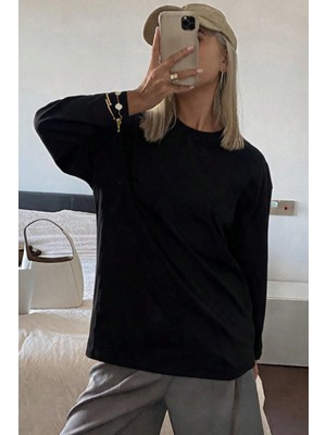 Tarz Cool Kadın Oversize Basic Uzun Kollu Tişört %100 Pamuk Süprem Bisiklet Yaka Rahat Kalıp