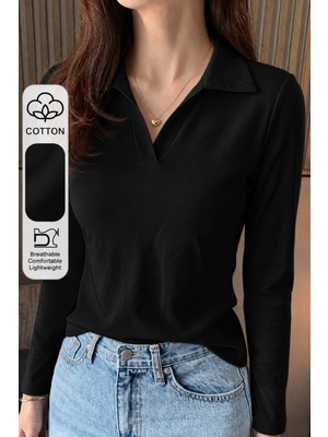 Tarz Cool Kadın Polo Yaka Uzun Kollu Basic Tişört %100 Pamuk Süprem Kumaş Slim Fit