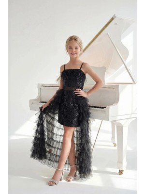 Butik Happy Kids Kız Çocuk Siyah Payetli Kuyruklu Abiye Elbise  Tül Detaylı Mini Uzun Kuyruklu Prenses Model Abiye  Elbise 8-16 Yaş