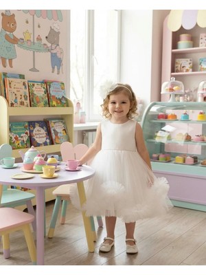 Butik Happy Kids Kız Çocuk Tüllü Beyaz Abiye Elbise Volanlı Etek Prenses Model Abiye Elbise Taç Hediyeli 1-5 Yaş