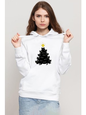 Tshirthane Meowy Christmas Beyaz Kadın 3ip Kapşonlu Sweatshirt