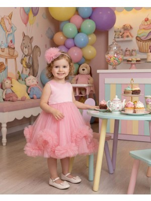 Butik Happy Kids Kız Çocuk Tüllü Pembe Abiye Elbise Volanlı Etek Prenses Model Abiye Elbise  Taç Hediyeli 1-5 Yaş