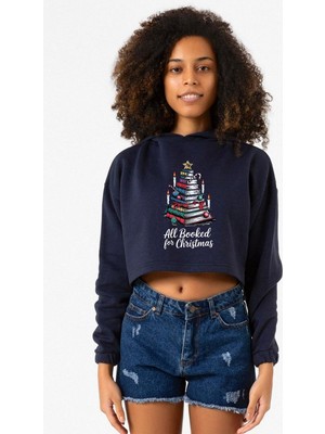 Tshirthane All Booked For Christmas Lacivert Kadın Crop Kapşonlu