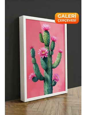 Zestia Beyaz Çerçeveli Kanvas Tablo Pembe Kaktüs Minimal Premium Seri No 109781