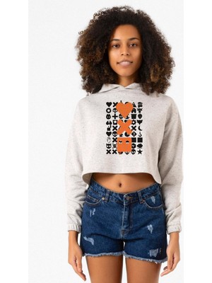 Tshirthane Love Death Robots Orange Beyaz Kırçıllı Kadın Crop Kapşonlu