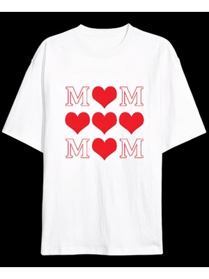 Velmora Fashion Anneler Gününe Özel Tasarım MOM Kalp Baskılı T-shirt - Beyaz -