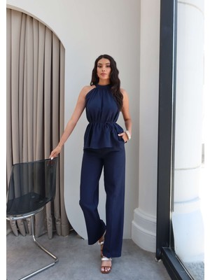 Esra Helvacı Halter Yaka Kuşaklı Bluz Pantolon Takım