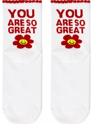 Carnaval Socks You Are So Great Yazılı Çiçek Desenli Beyaz Yarım Konç Kısa Çorap