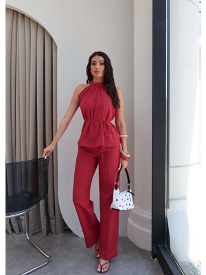 Esra Helvacı Halter Yaka Kuşaklı Bluz Pantolon Takım