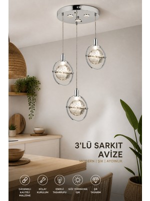 Elvora Home Modern (Premium) 3’lü Sarkıt Avizesi Cam Küre Ledli 15W Beyaz Işık 4000K Salon Yatak Odası Modelleri
