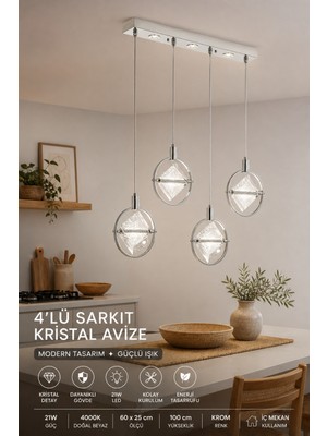 Elvora Home Modern (Premium) 4’lü Sarkıt Avize Kristal Modern Lüks Ledli 21W Salon Mutfak Yatak Odası Avizesi Şık Modelleri