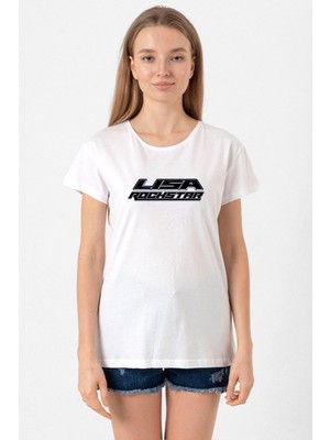 Lisa Rockstar Beyaz Kadın Bisikletyaka Tshirt