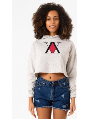 Tshirthane Hunter x Hunter Anime Logo Beyaz Kırçıllı Kadın Crop Kapşonlu