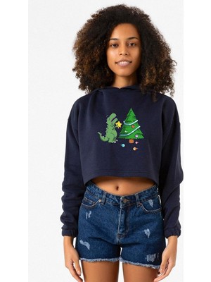 Tshirthane Dinosaur Christmas Tree Lacivert Kadın Crop Kapşonlu